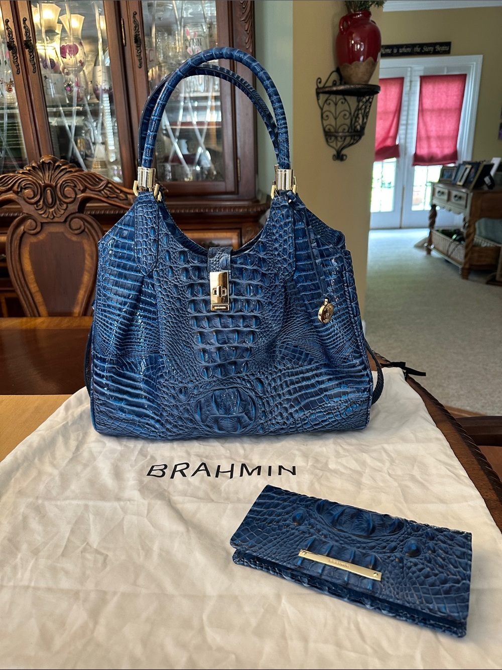 Brahmin Navy Blue Croc-Embossed Leather Satchel with Matching Wallet